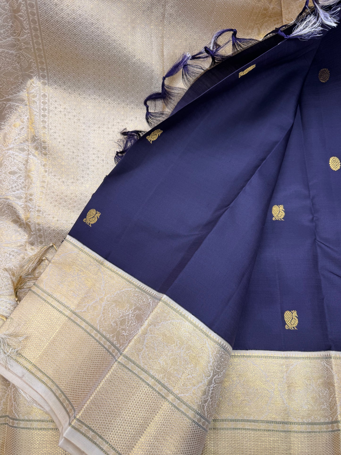 Midnight Blue & Ivory Kanchipuram Korvai Silk Saree