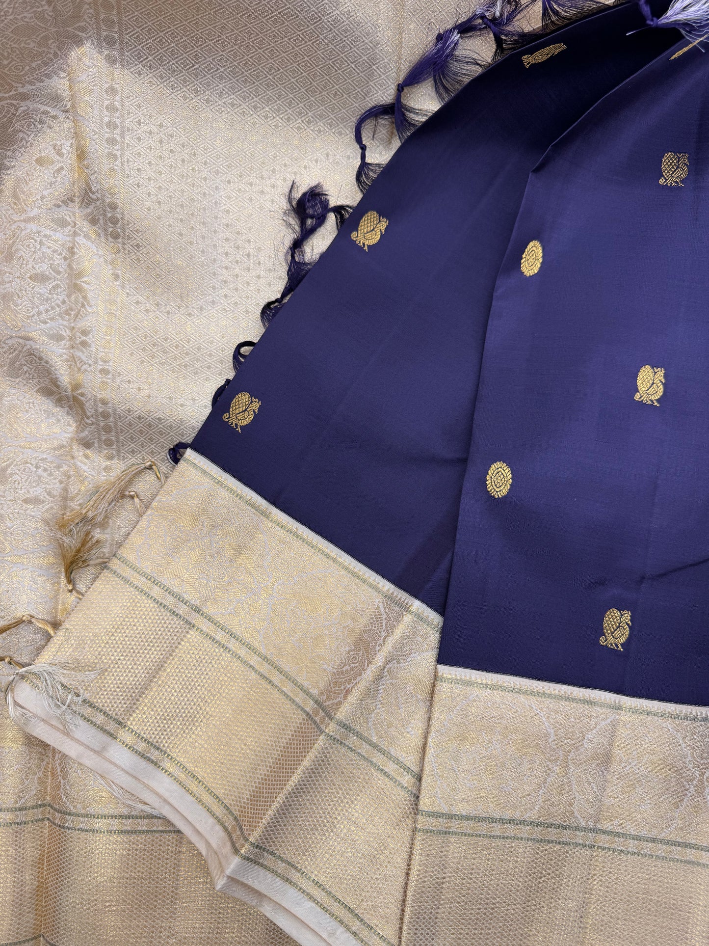Midnight Blue & Ivory Kanchipuram Korvai Silk Saree