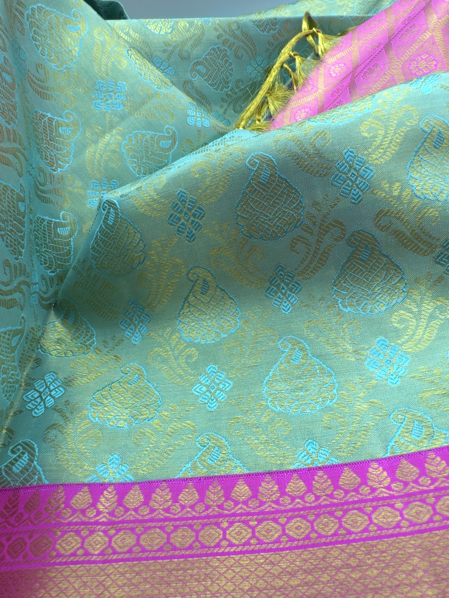 Seafoam Green Pure Tissue Silk With Hot Pink Border and Pallu In Gold Zari