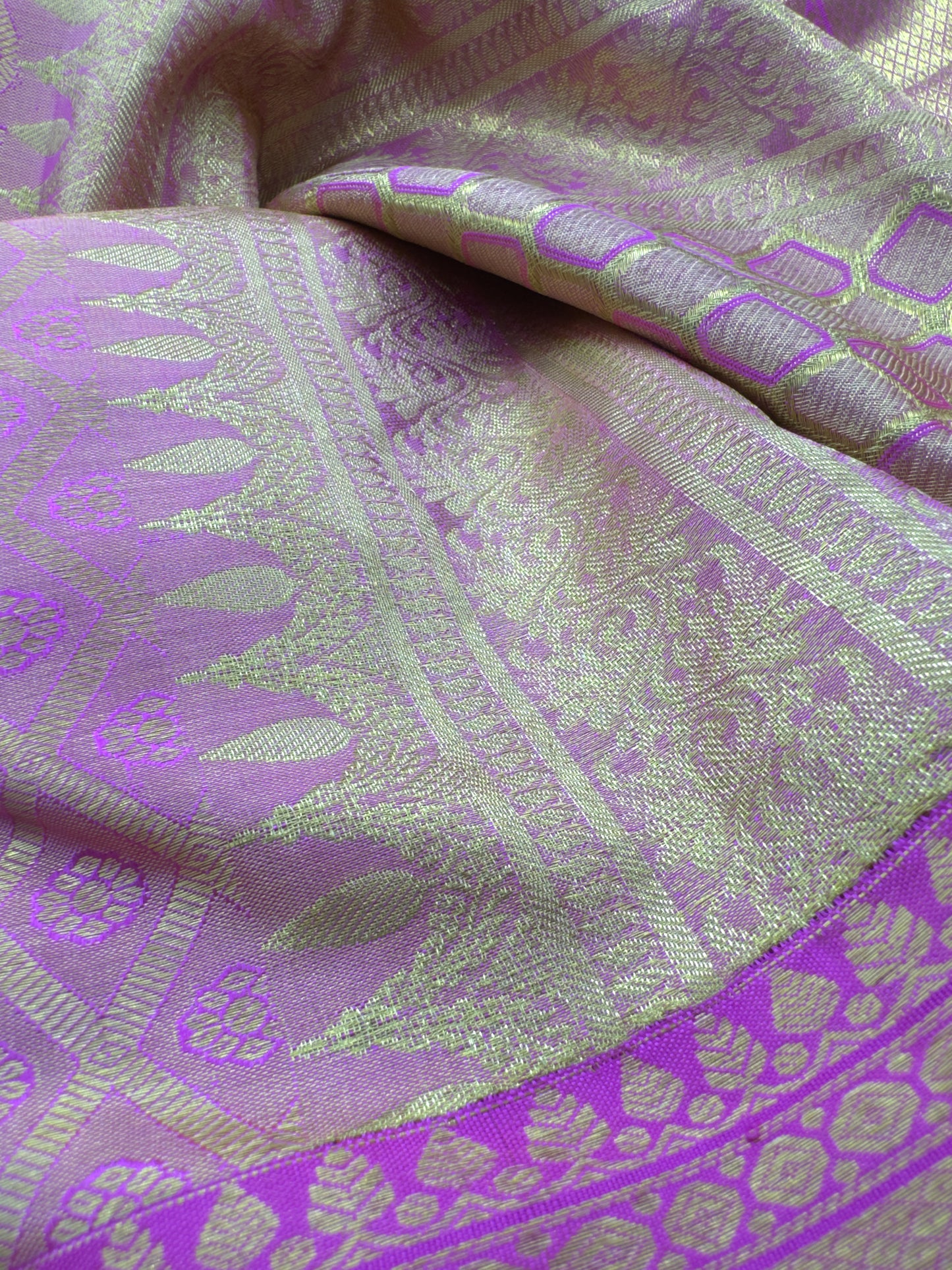 Seafoam Green Pure Tissue Silk With Hot Pink Border and Pallu In Gold Zari