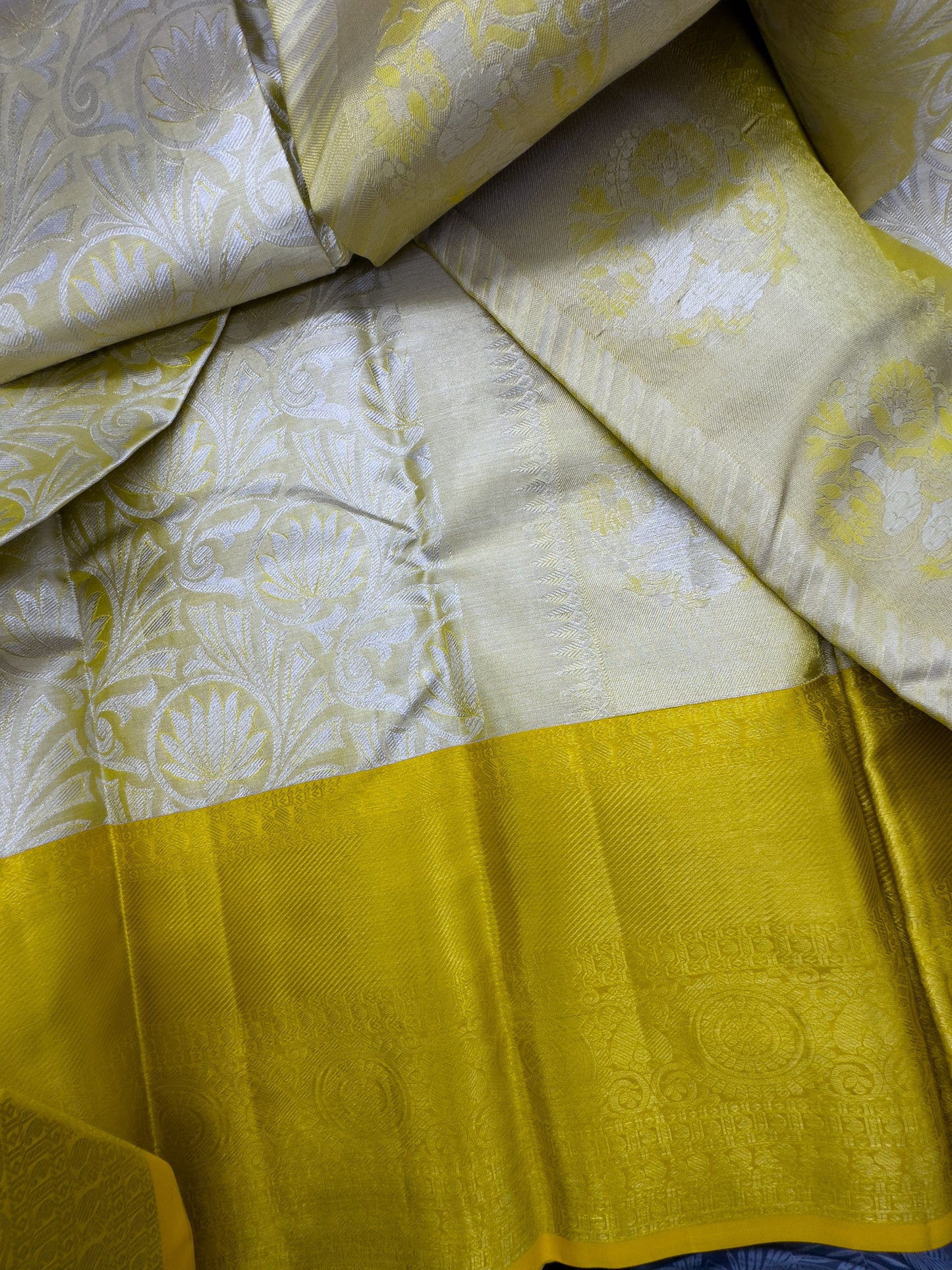 Butter Yellow Tissue Kanchipuram Silk Saree In Silver Zari