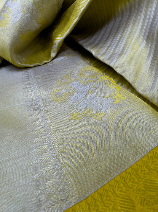 Butter Yellow Tissue Kanchipuram Silk Saree In Silver Zari