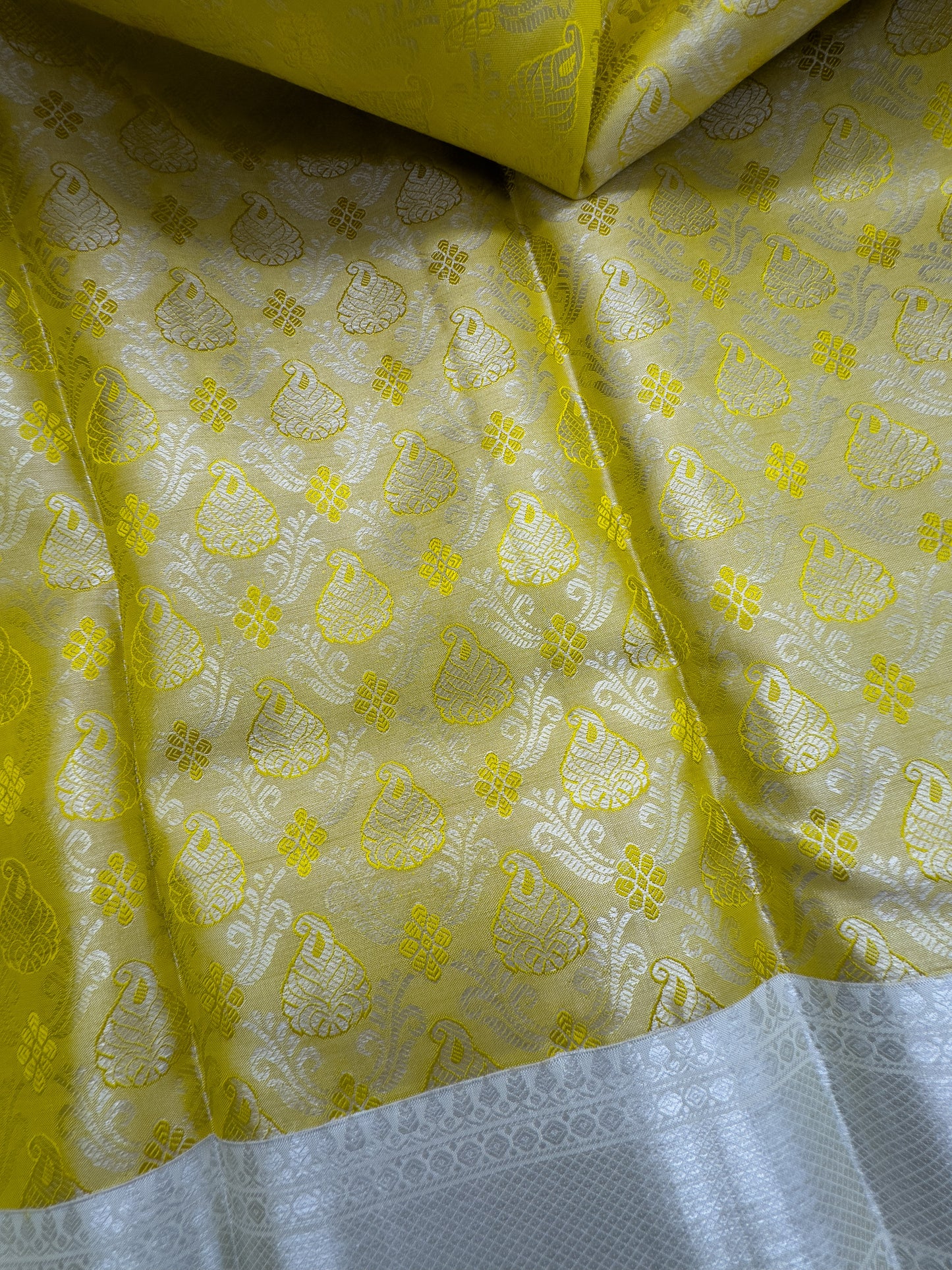 Lemon Yellow Tissue Kanchipuram Silk Saree In Silver Zari