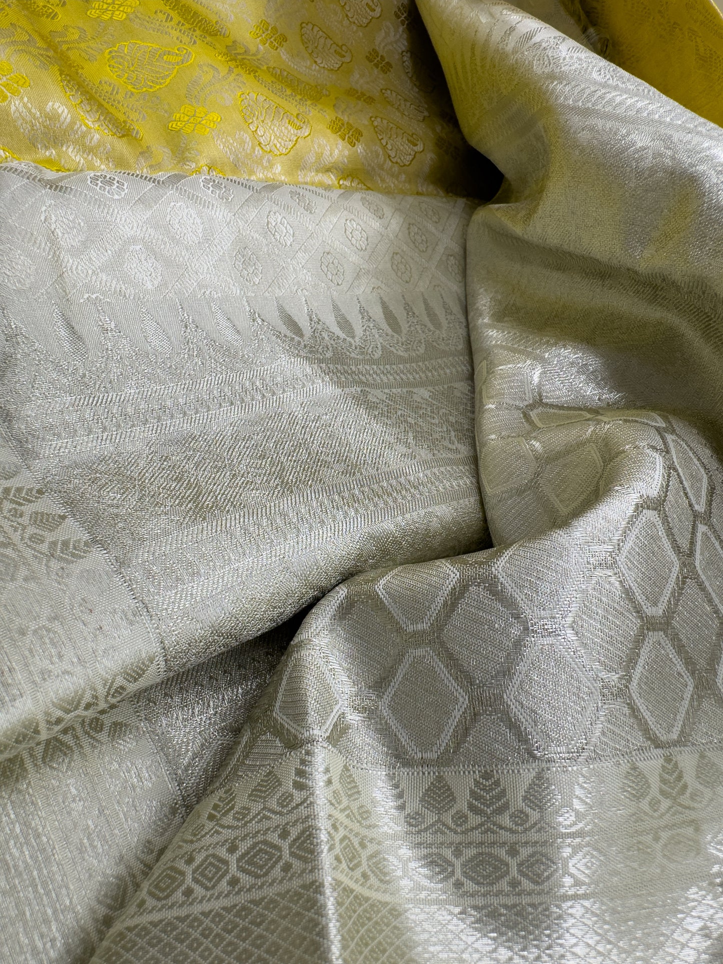 Lemon Yellow Tissue Kanchipuram Silk Saree In Silver Zari