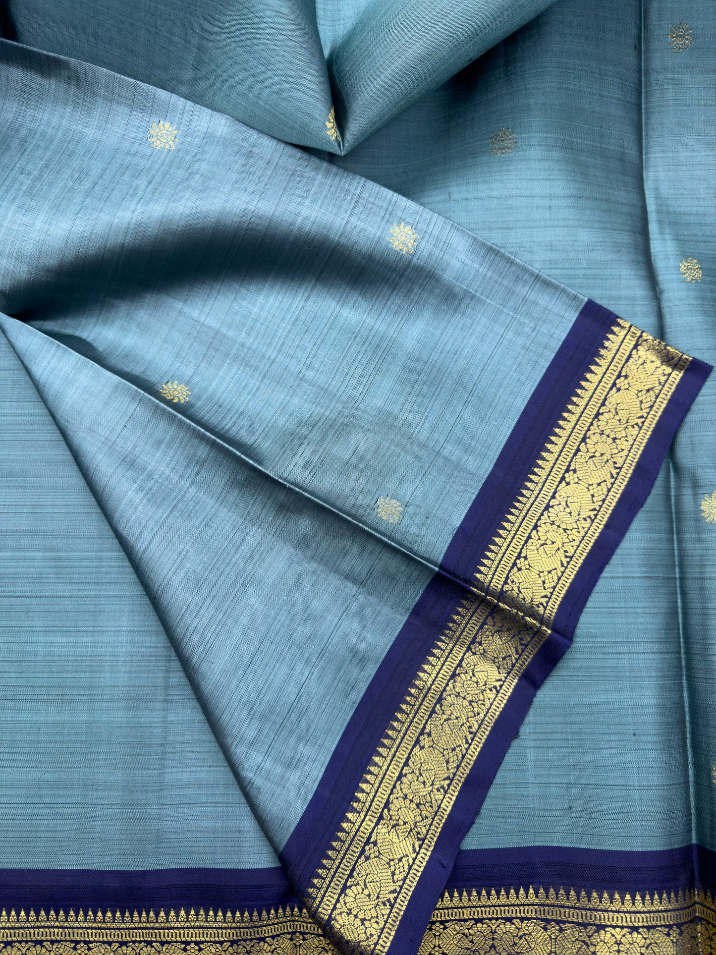 Greyish Blue Kanchipuram Silk Saree With Pure Gold Zari