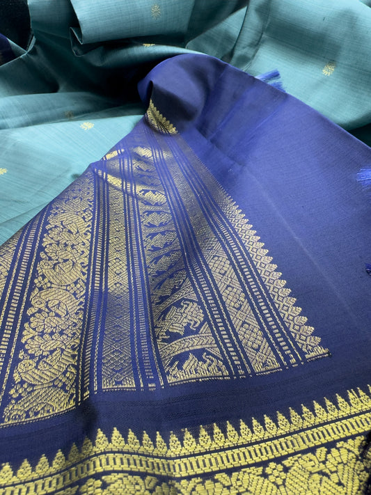 Greyish Blue Kanchipuram Silk Saree With Pure Gold Zari