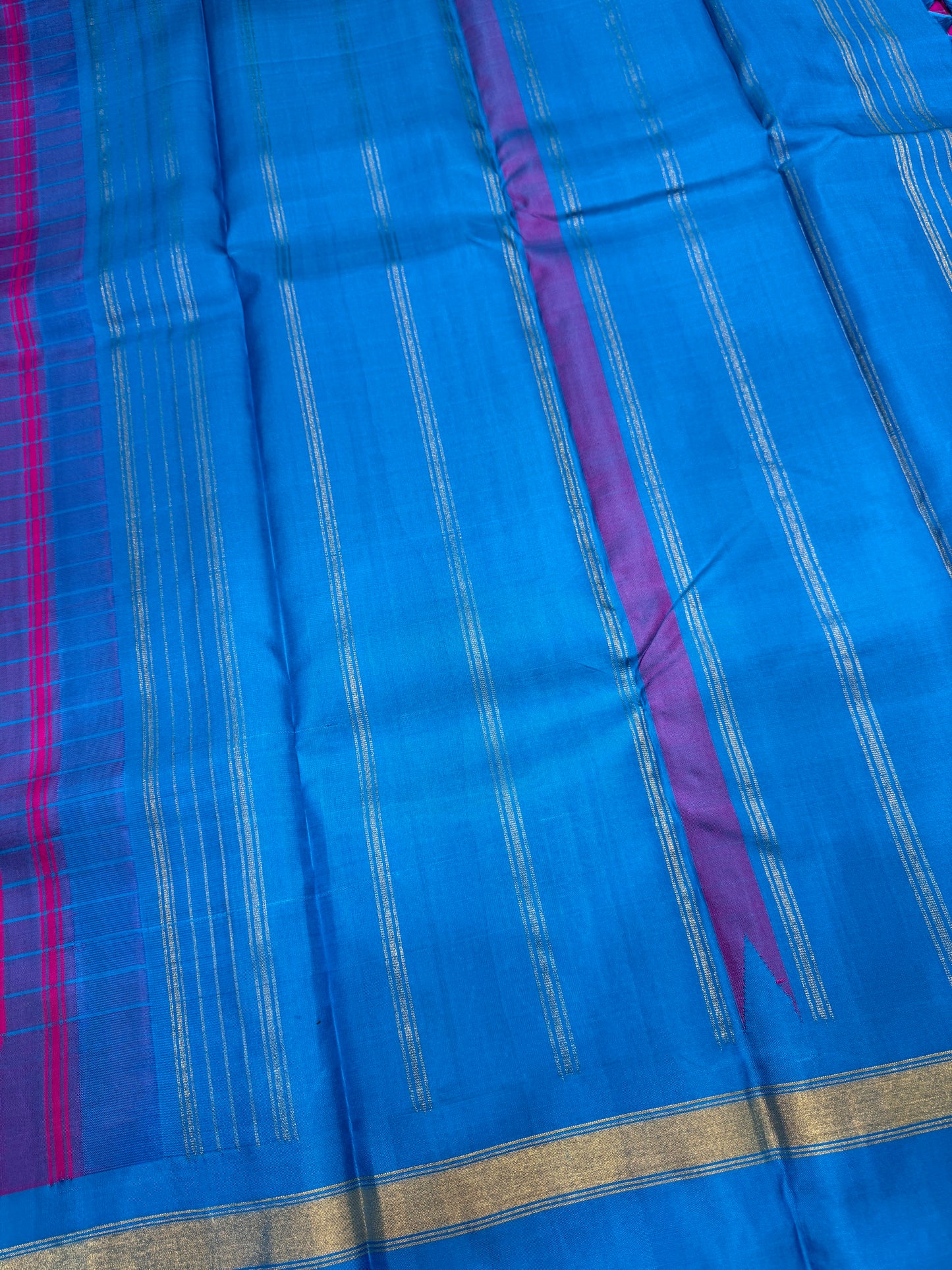 Magenta And Teal Kanchipuram Pure Silk Saree In Gold Zari