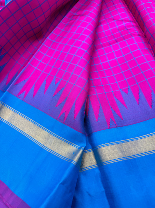 Magenta And Teal Kanchipuram Pure Silk Saree In Gold Zari