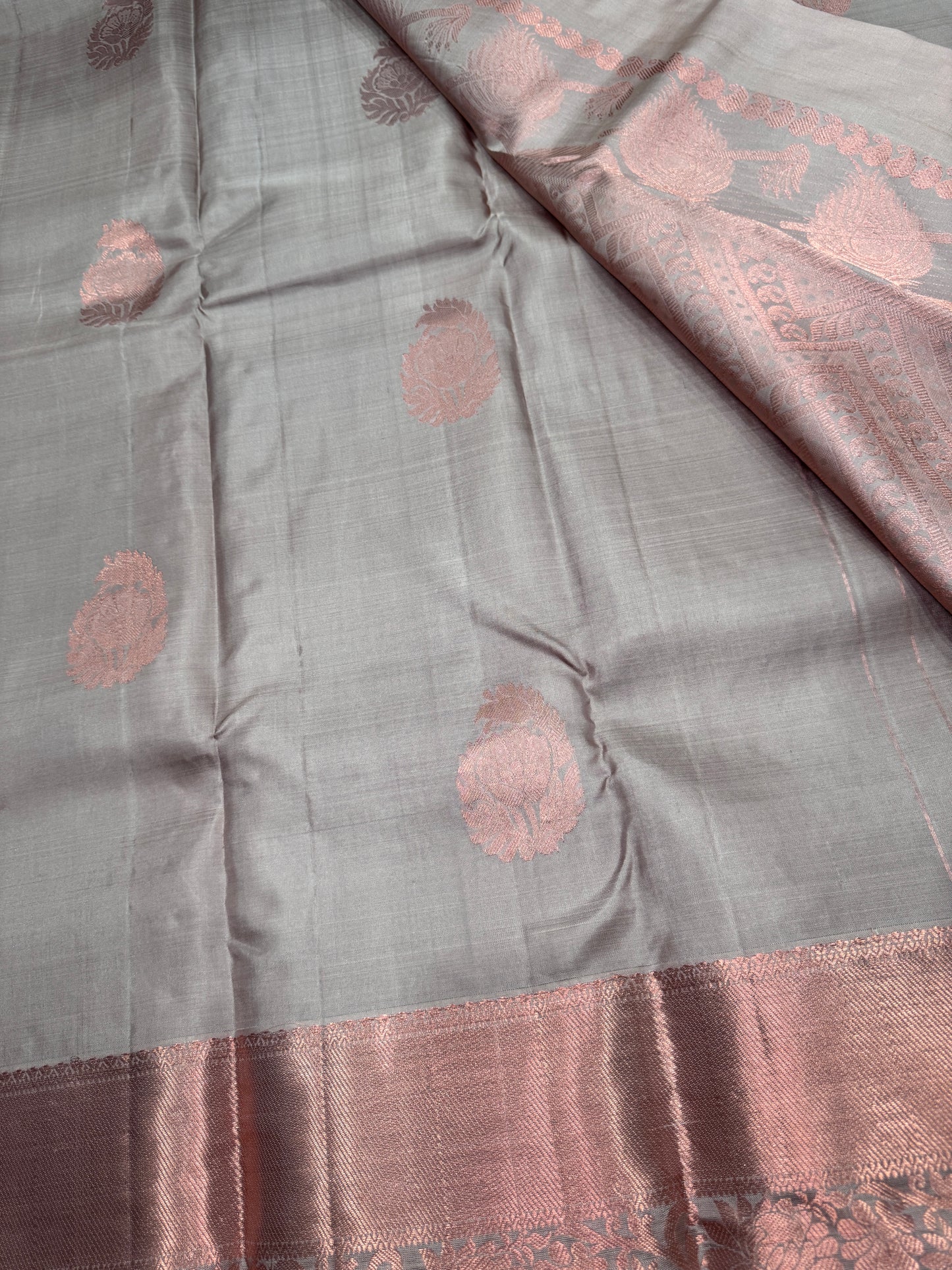 Olive Green Kanchipuram Silk Saree In Copper Zari