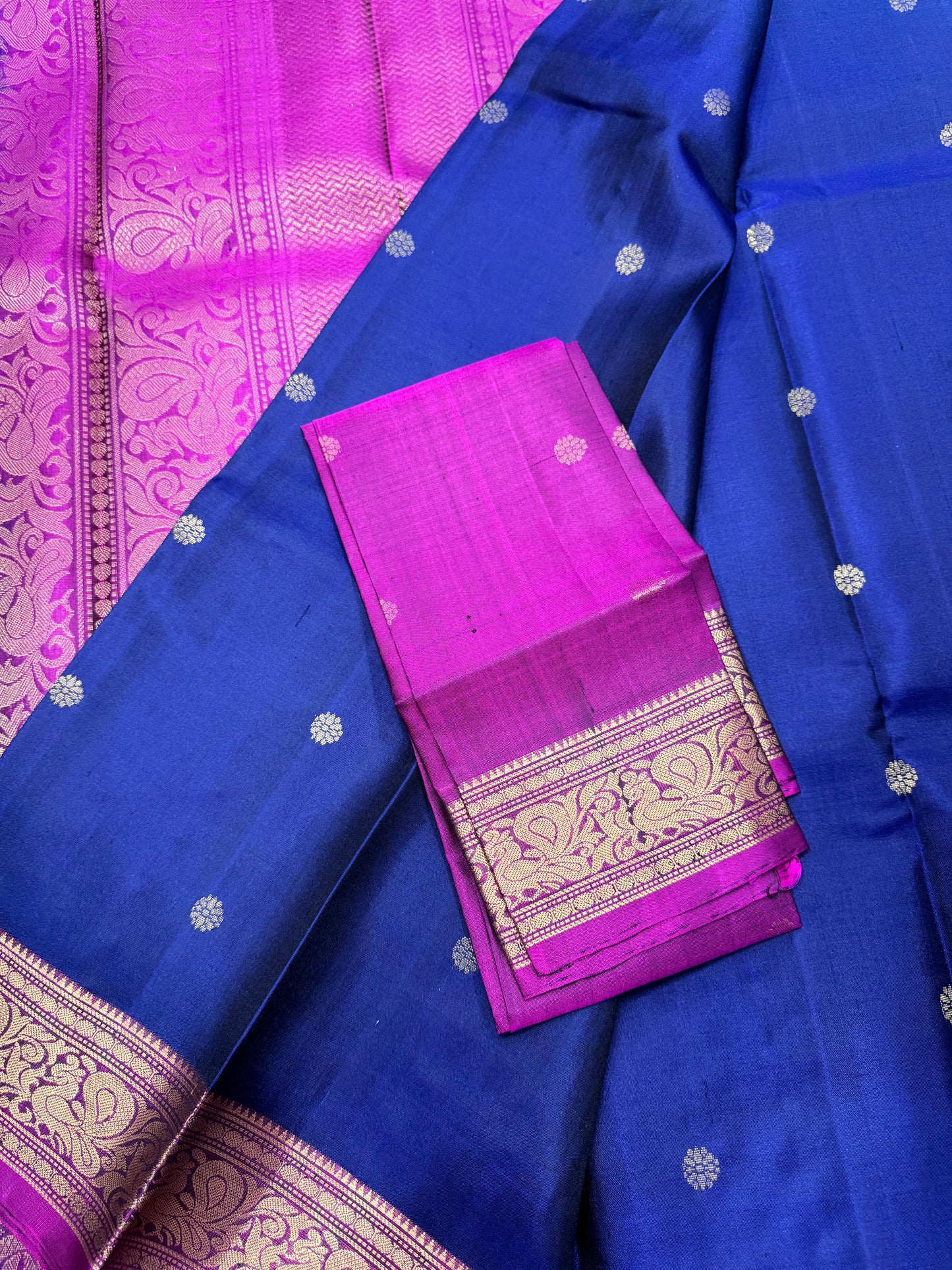 Midnight Blue Kanchipuram Silk Saree in Gold Zari Smallest Border