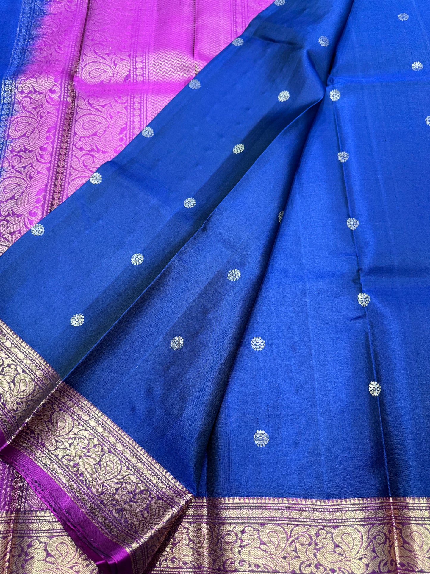 Midnight Blue Kanchipuram Silk Saree in Gold Zari Smallest Border