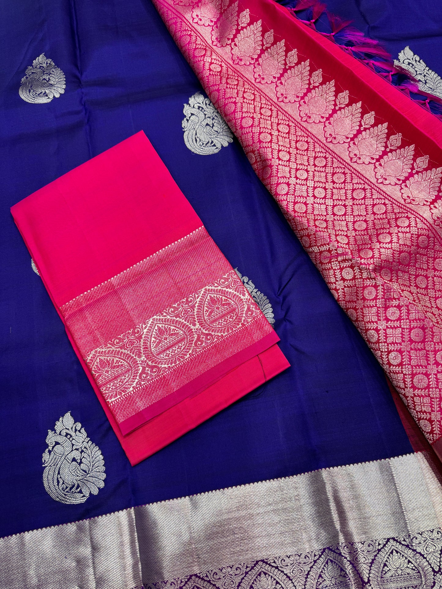 Indigo Kanchipuram Pure Silk Saree With Pink Contrast In Copper Zari