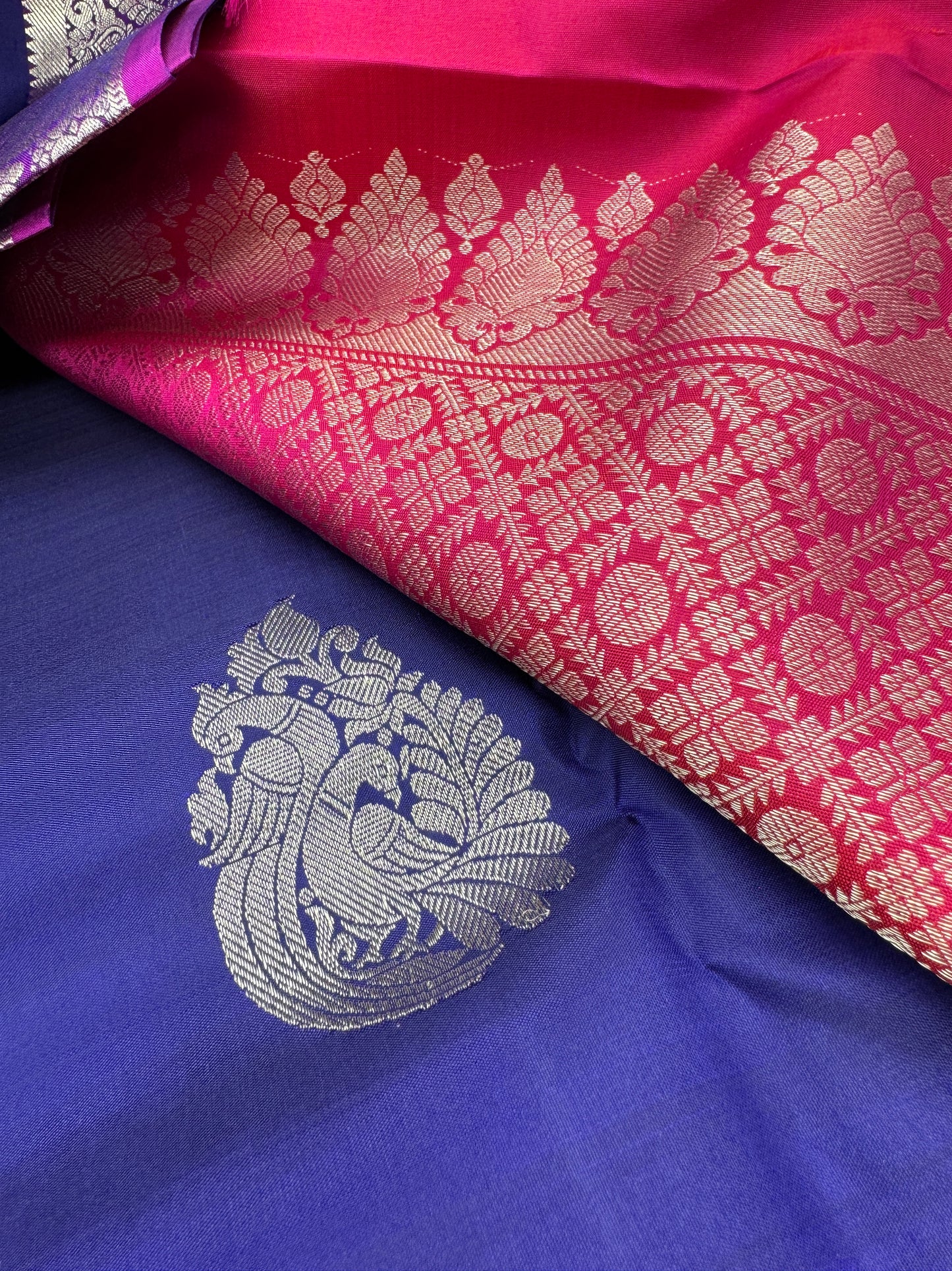 Indigo Kanchipuram Pure Silk Saree With Pink Contrast In Copper Zari