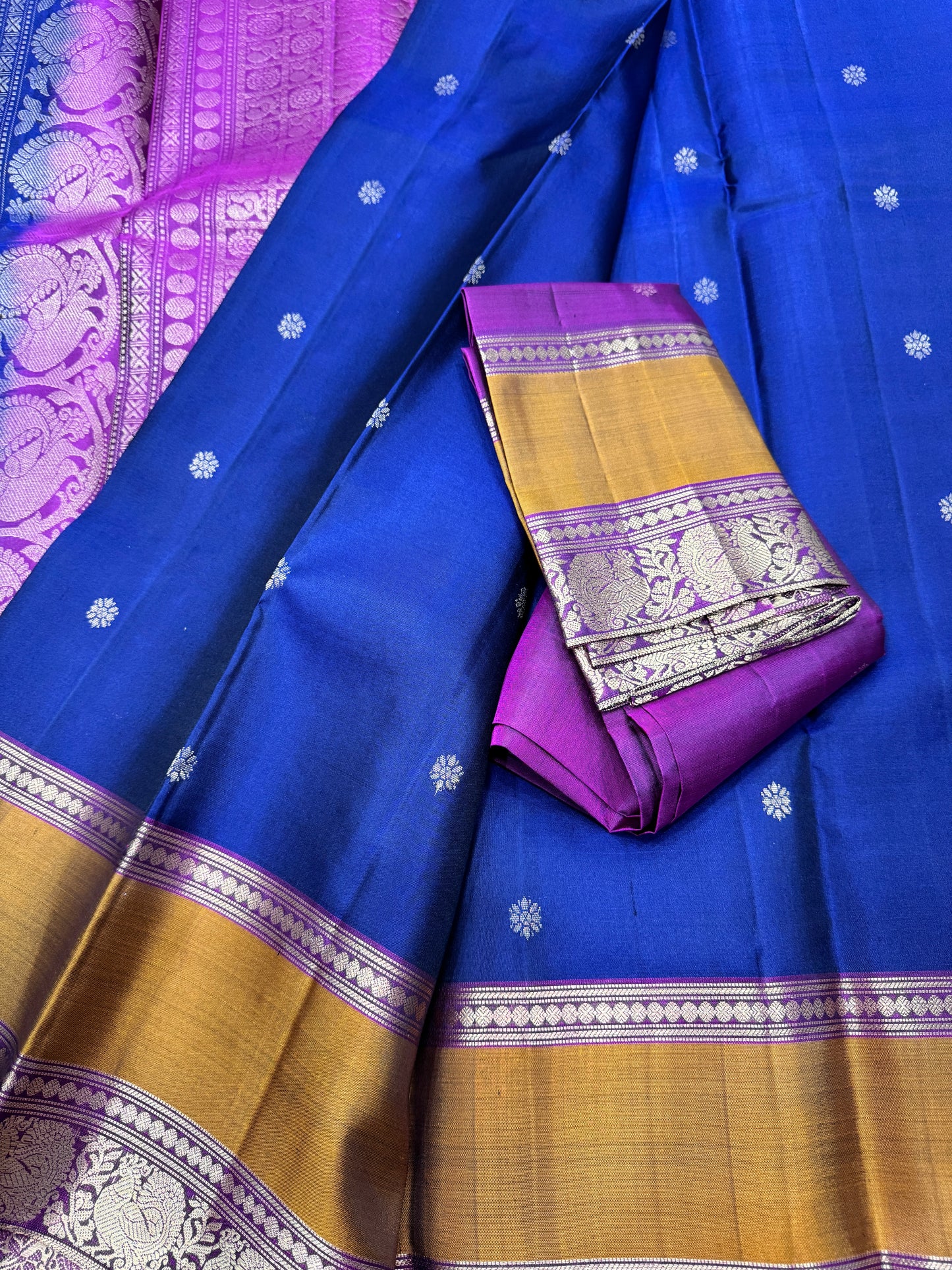 Midnight Blue Kanchipuram Silk Saree In Retta Pettu Border