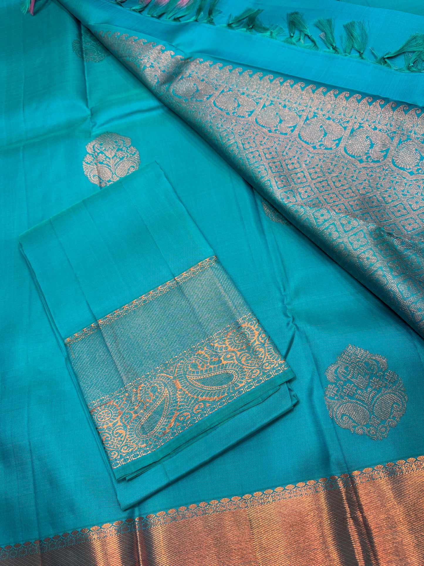 Teal Kanchipuram Pure Silk Saree In Copper Zari