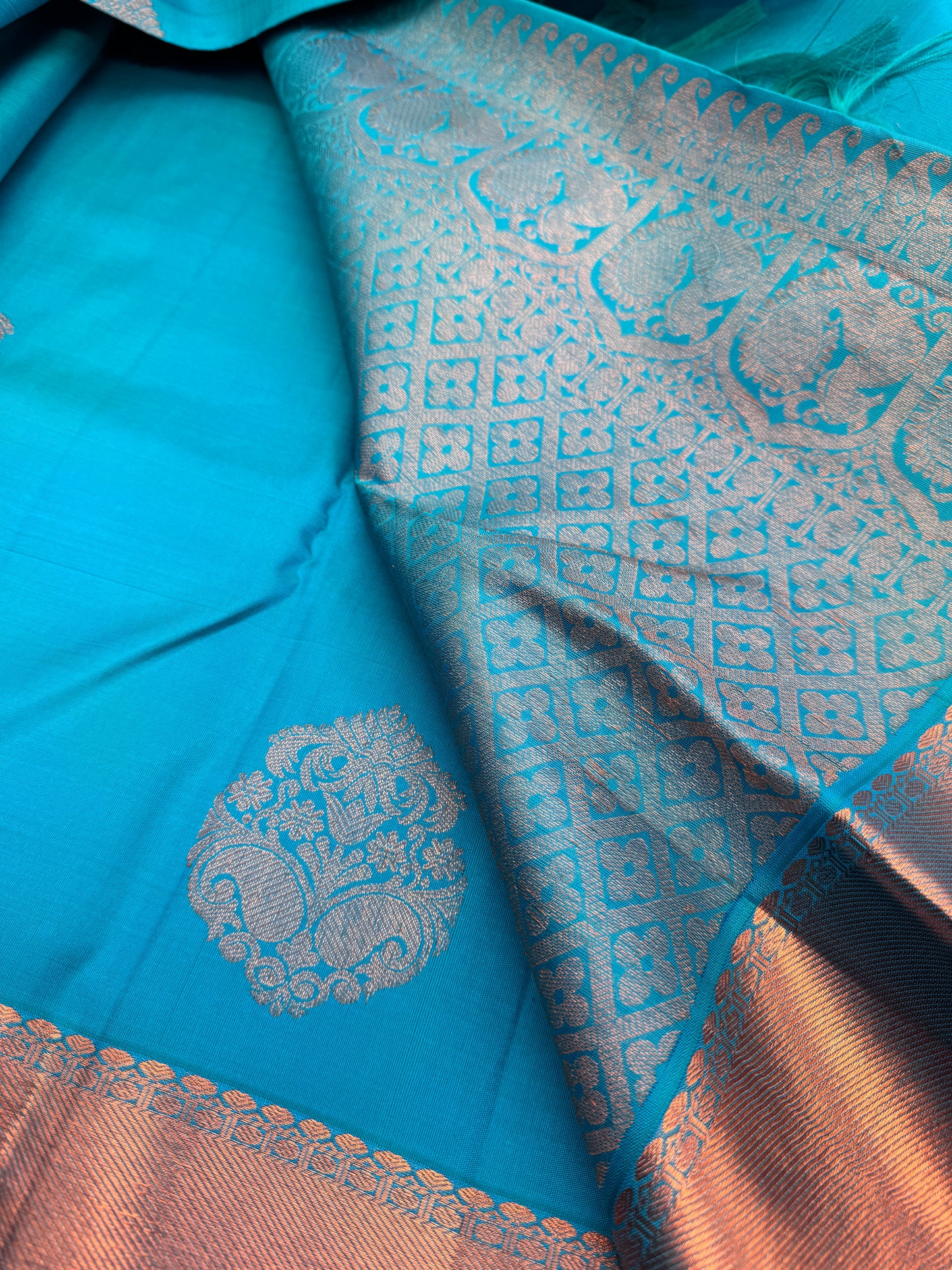 Teal Kanchipuram Pure Silk Saree In Copper Zari