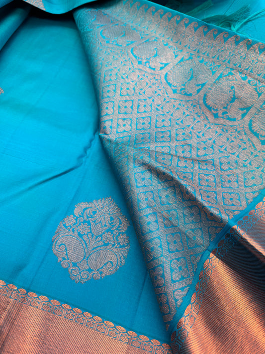 Teal Kanchipuram Pure Silk Saree In Copper Zari