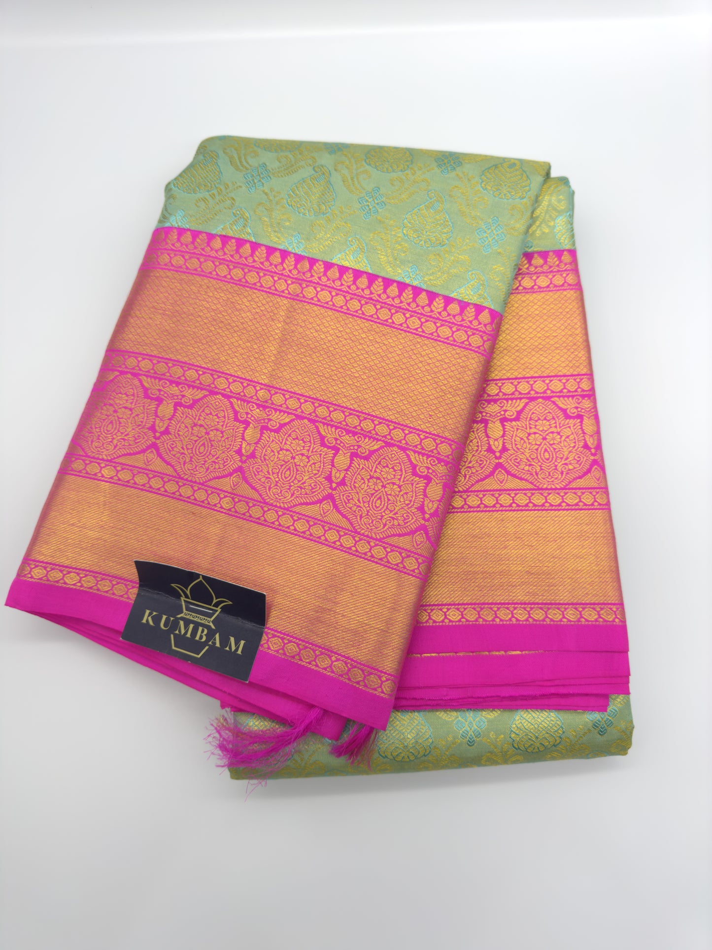 Seafoam Green Pure Tissue Silk With Hot Pink Border and Pallu In Gold Zari