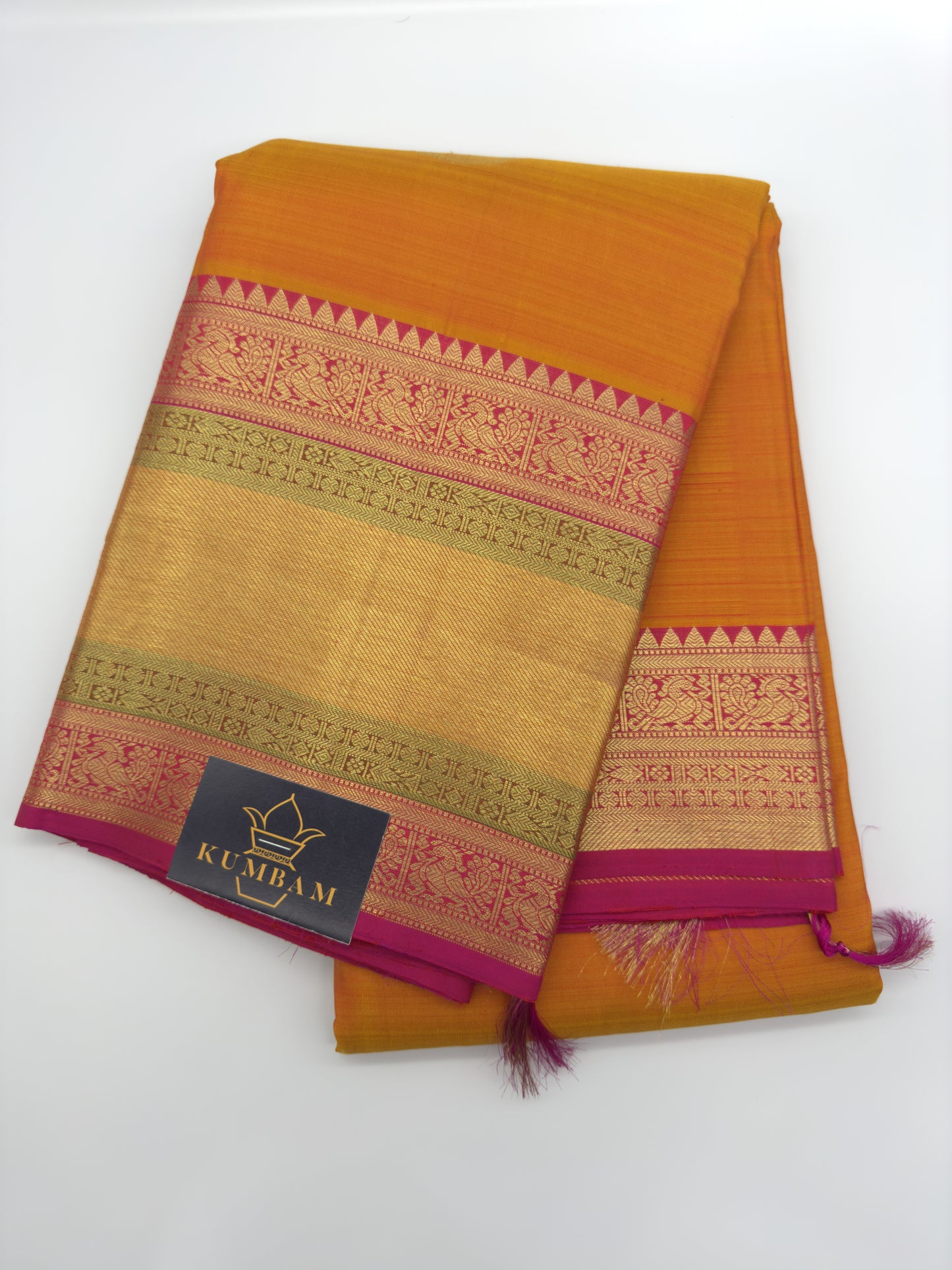 Sunset Kanchipuram Silk Saree with Contrast Pink Pallu in Gold Zari